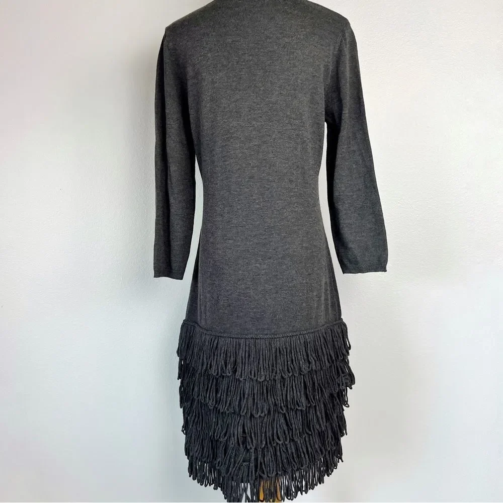 Calvin Klein Dark Grey Fringe 3/4 Sleeve Scoop-neck Bodycon Sweater Dress